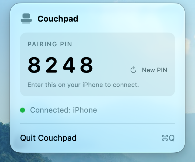 The Couchpad menu on the Mac, showing the pairing PIN, a New PIN button and the connection status.