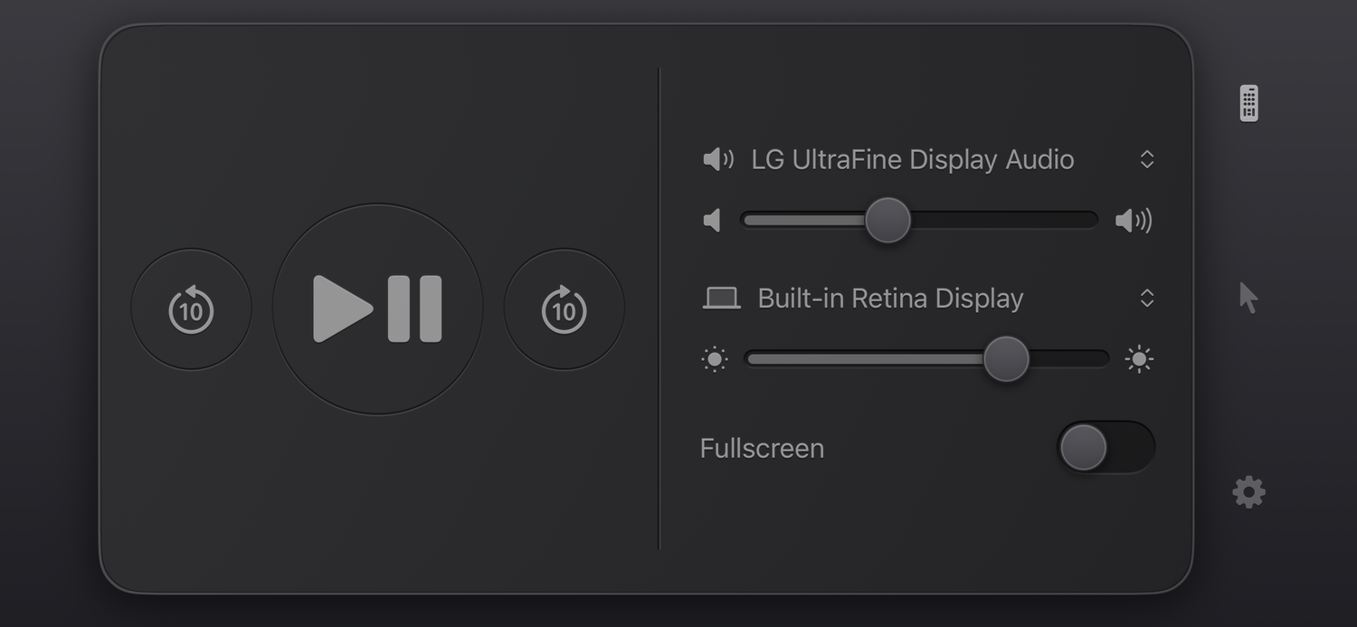 The Couchpad remote in landscape and dark mode: play, pause and skip buttons on the left, volume, brightness and a fullscreen switch on the right.