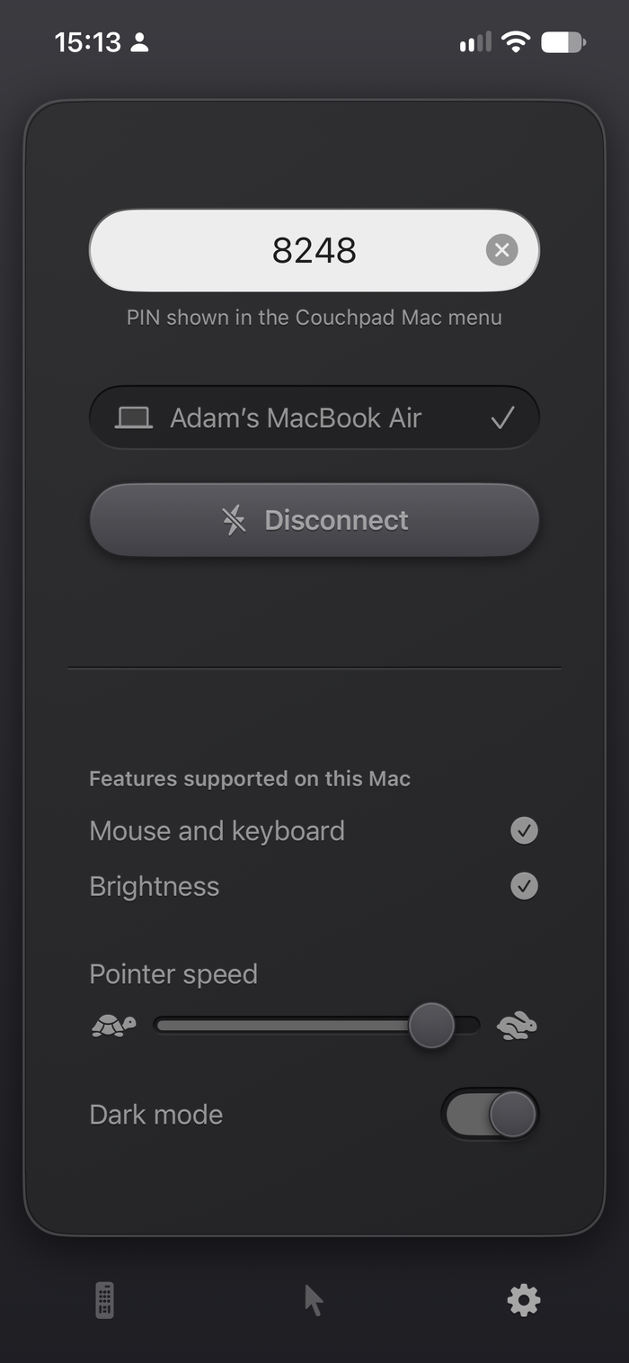 Couchpad's settings in dark mode: a PIN field, the connected Mac, a Disconnect button and the features this Mac supports.